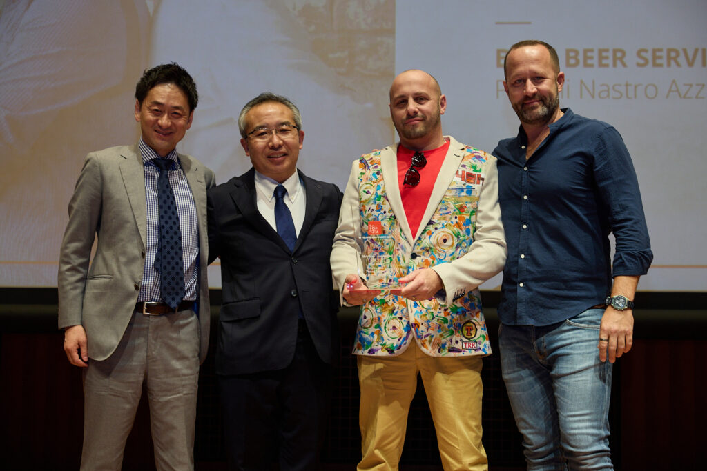 co-owners Michele Circhirillo and Fabio Biscaldi at the 50 Top Pizza Asia Pacific award ceremony in Tokyo being presented with the Best Beer Service award